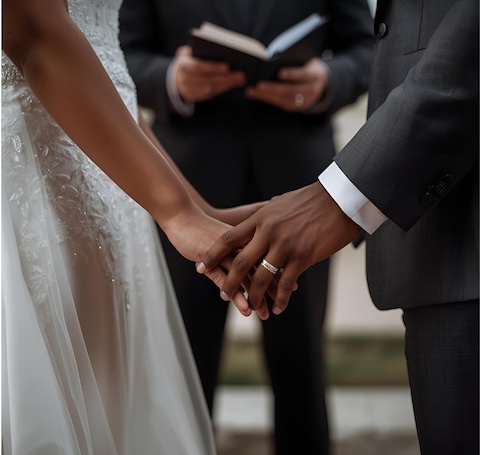 Couple sharing a laugh at the altar